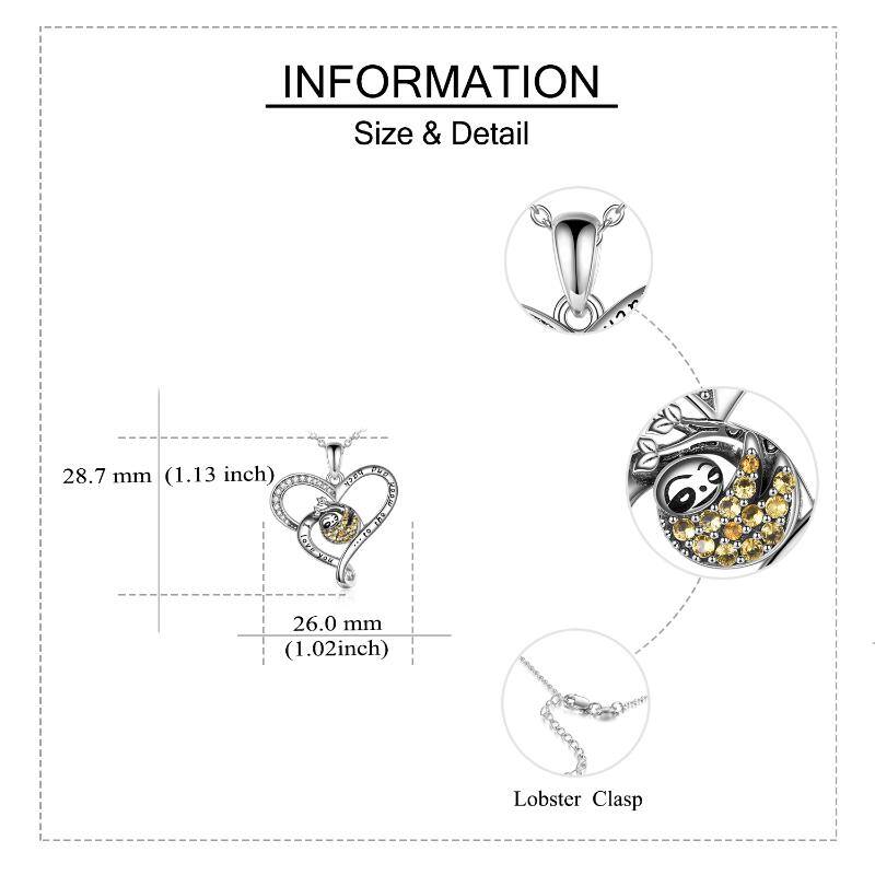 Sterling Silver Circular Shaped Cubic Zirconia Sloth & Heart Pendant Necklace with Engraved Word