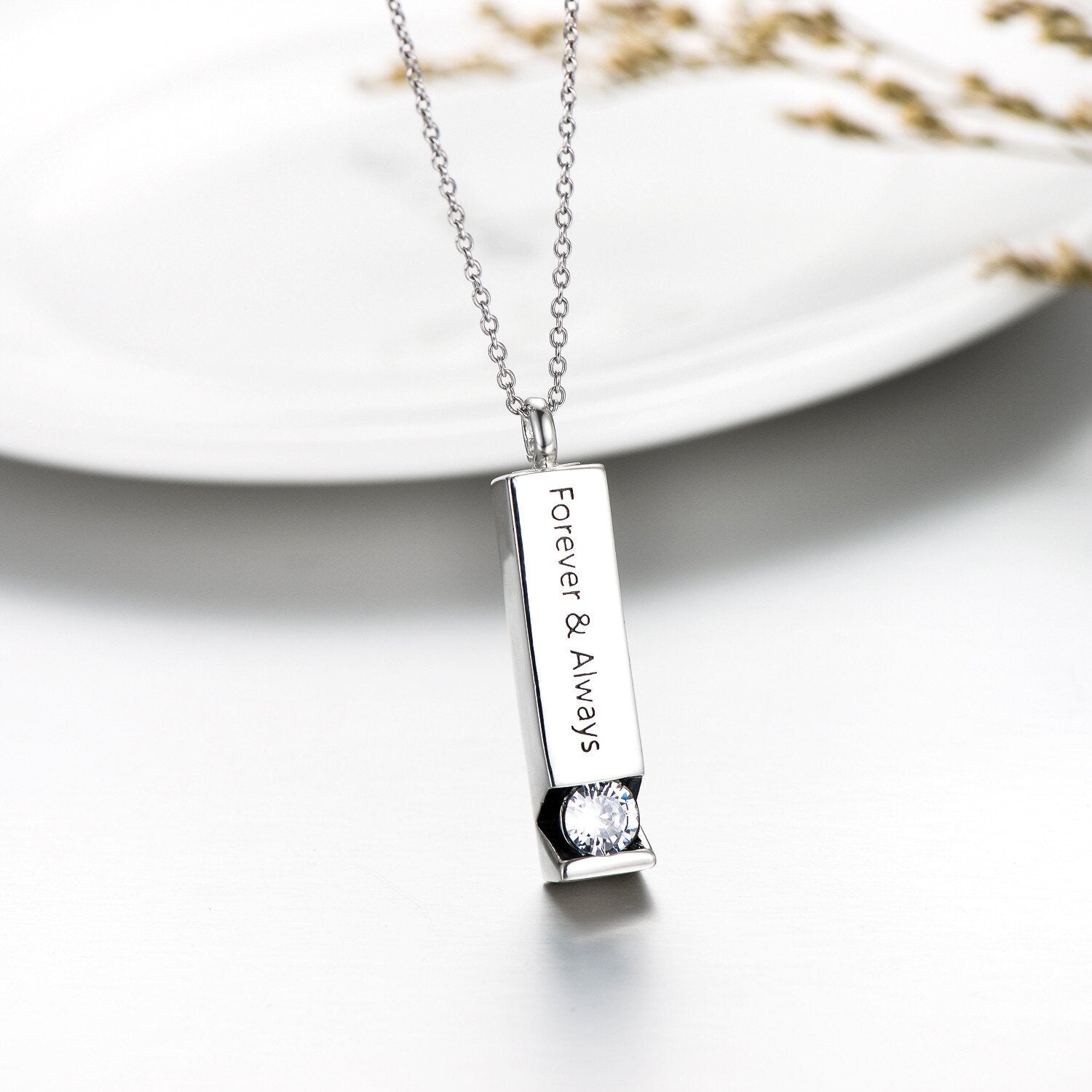 Sterling Silver Circular Shaped Cubic Zirconia Square Urn Necklace for Ashes with Engraved Word