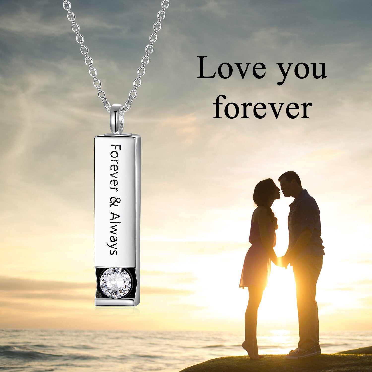 Sterling Silver Circular Shaped Cubic Zirconia Square Urn Necklace for Ashes with Engraved Word
