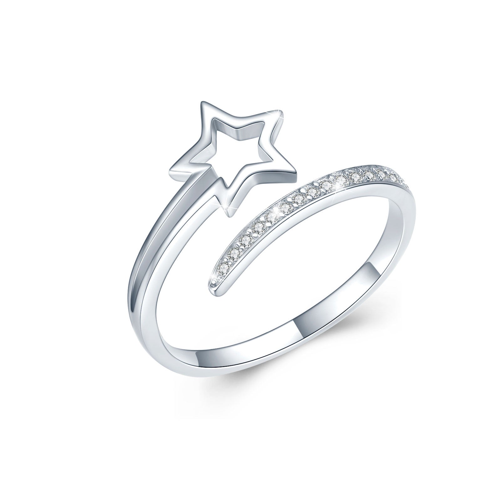 Sterling Silver Round Shaped Cubic Zirconia Star Open Ring