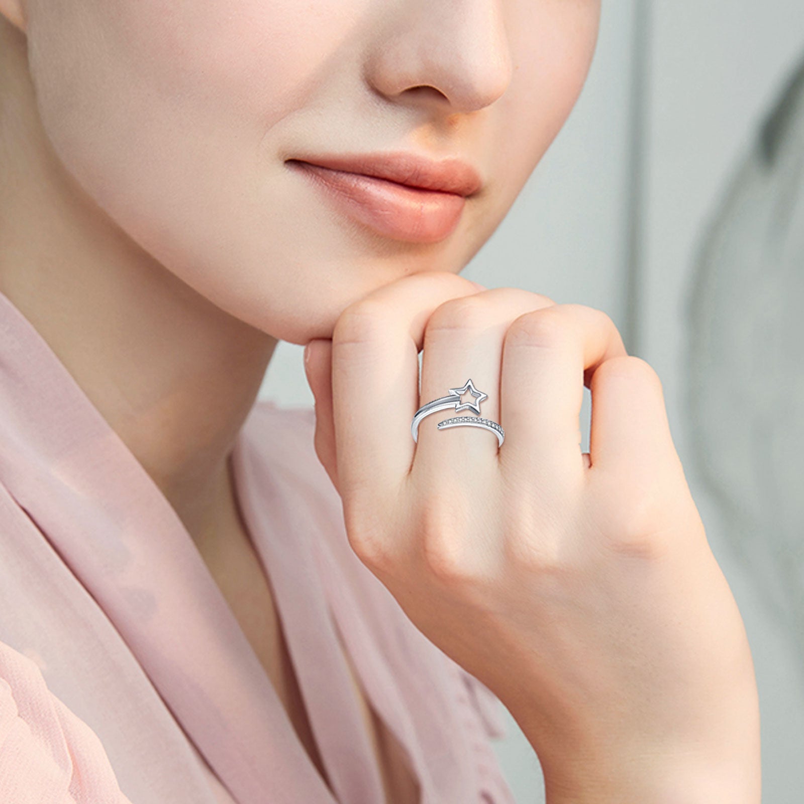 Sterling Silver Round Shaped Cubic Zirconia Star Open Ring