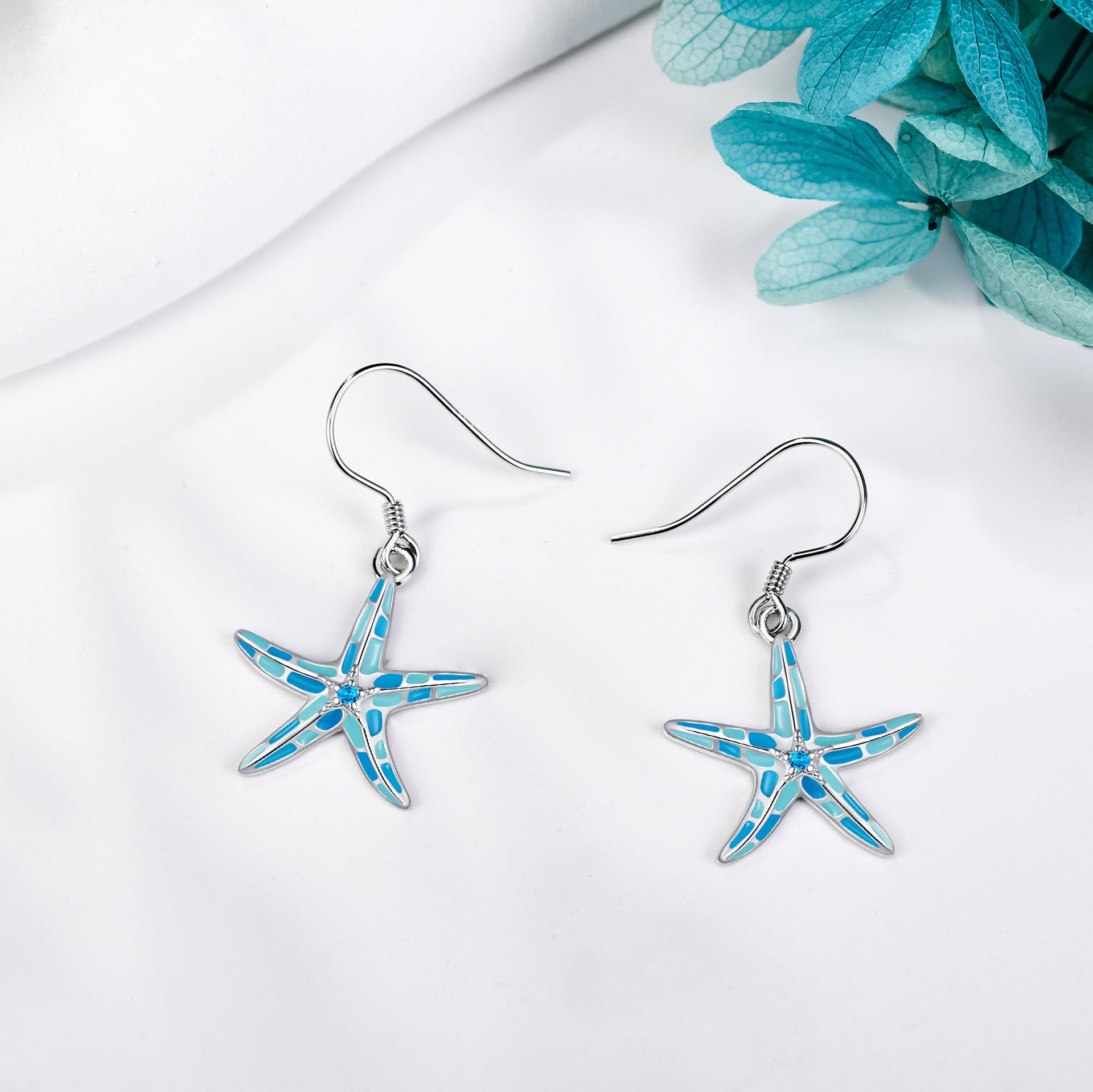 Sterling Silver Circular Shaped Cubic Zirconia Starfish Drop Earrings