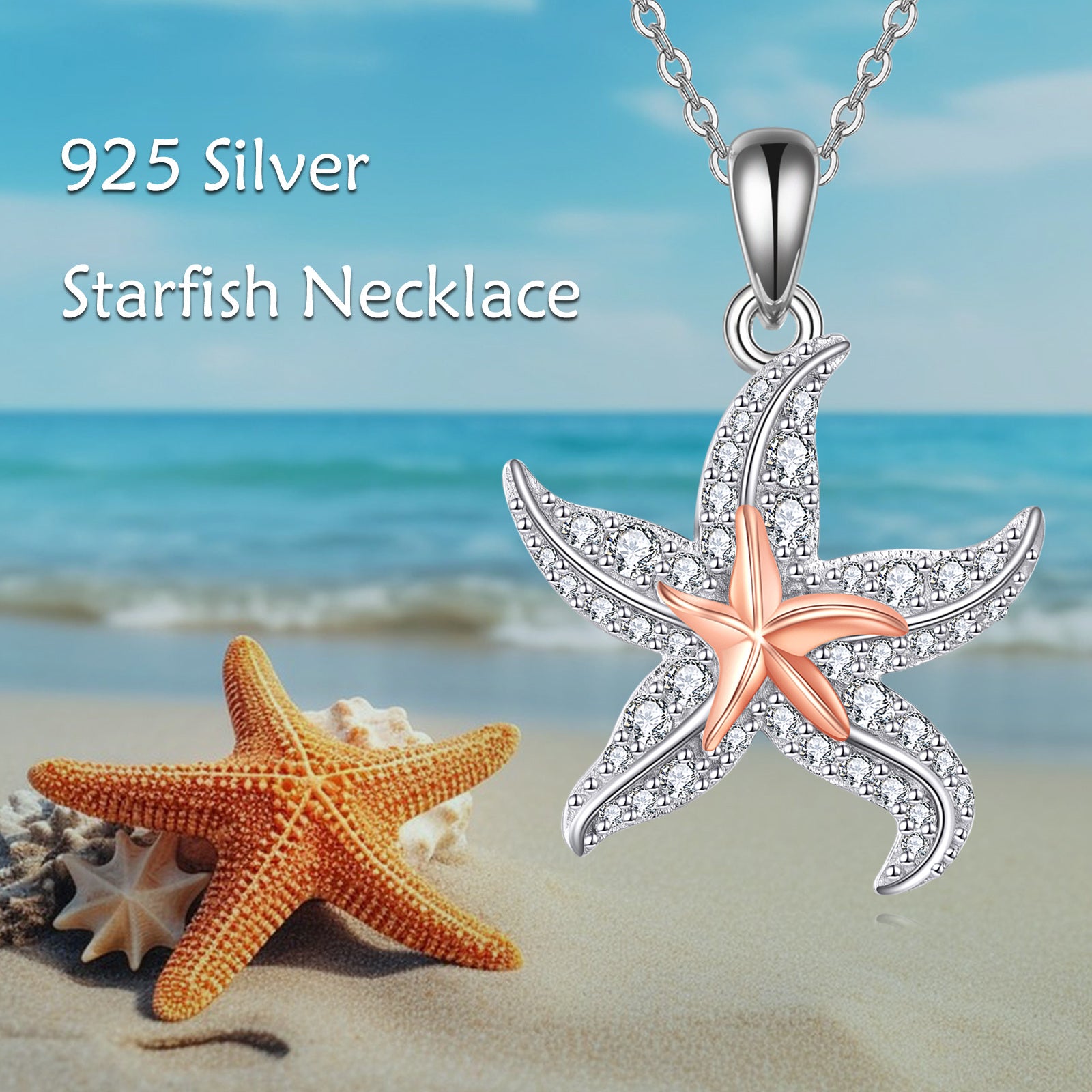 Sterling Silver Circular Shaped Cubic Zirconia Starfish Pendant Necklace