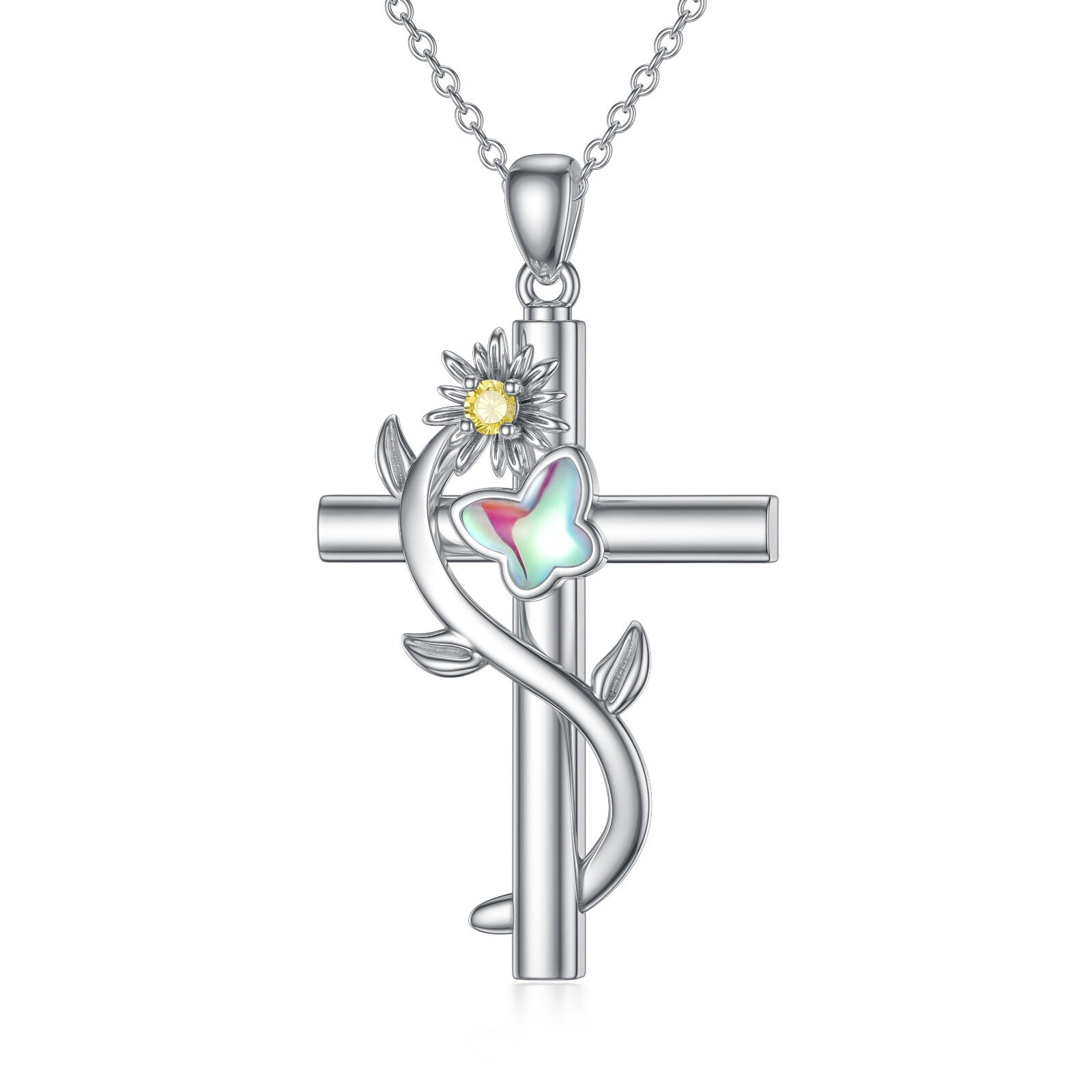 Sterling Silver Circular Shaped Cubic Zirconia Sunflower & Cross Urn Necklace for Ashes