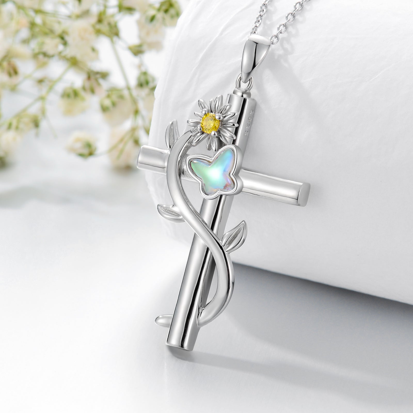 Sterling Silver Circular Shaped Cubic Zirconia Sunflower & Cross Urn Necklace for Ashes