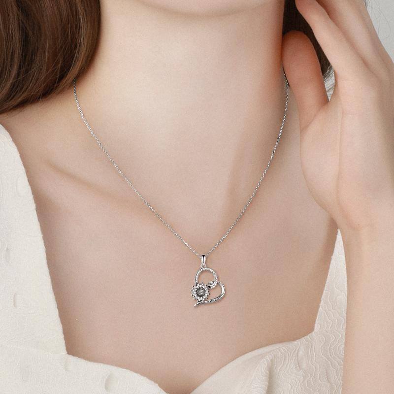 Sterling Silver Circular Shaped Sunflower & Heart Pendant Necklace with Engraved Word