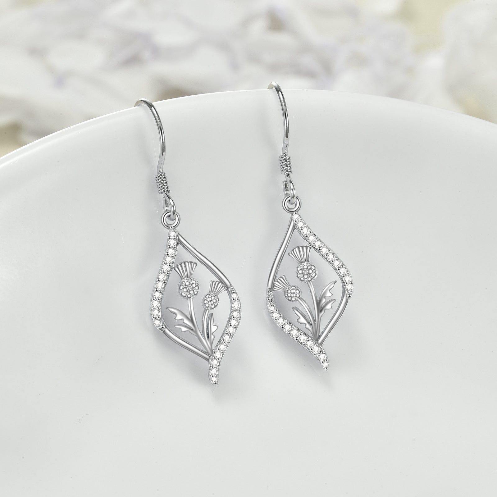Sterling Silver Circular Shaped Cubic Zirconia Thistle Drop Earrings
