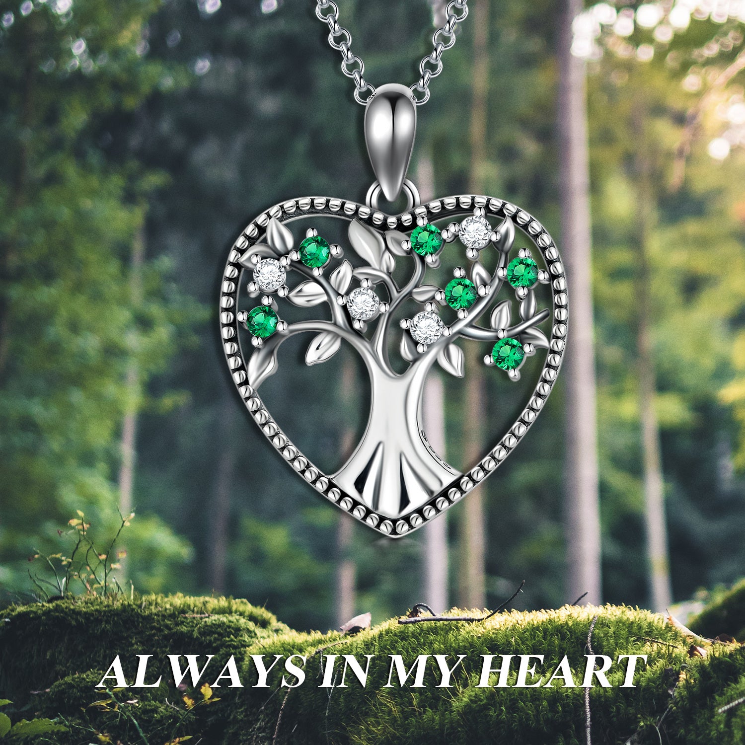 Sterling Silver Circular Shaped Cubic Zirconia Tree Of Life & Heart Pendant Necklace