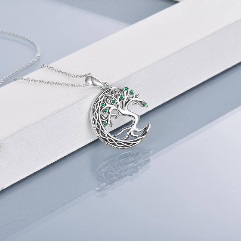 Sterling Silver Circular Shaped Cubic Zirconia Tree Of Life & Moon Pendant Necklace