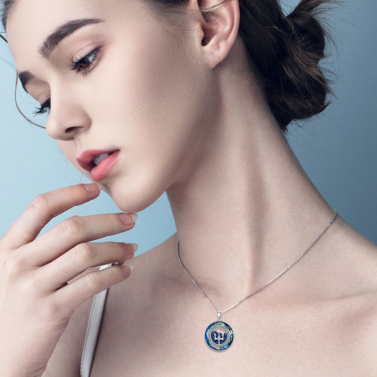 Sterling Silver Circular Shaped Trident Crystal Pendant Necklace