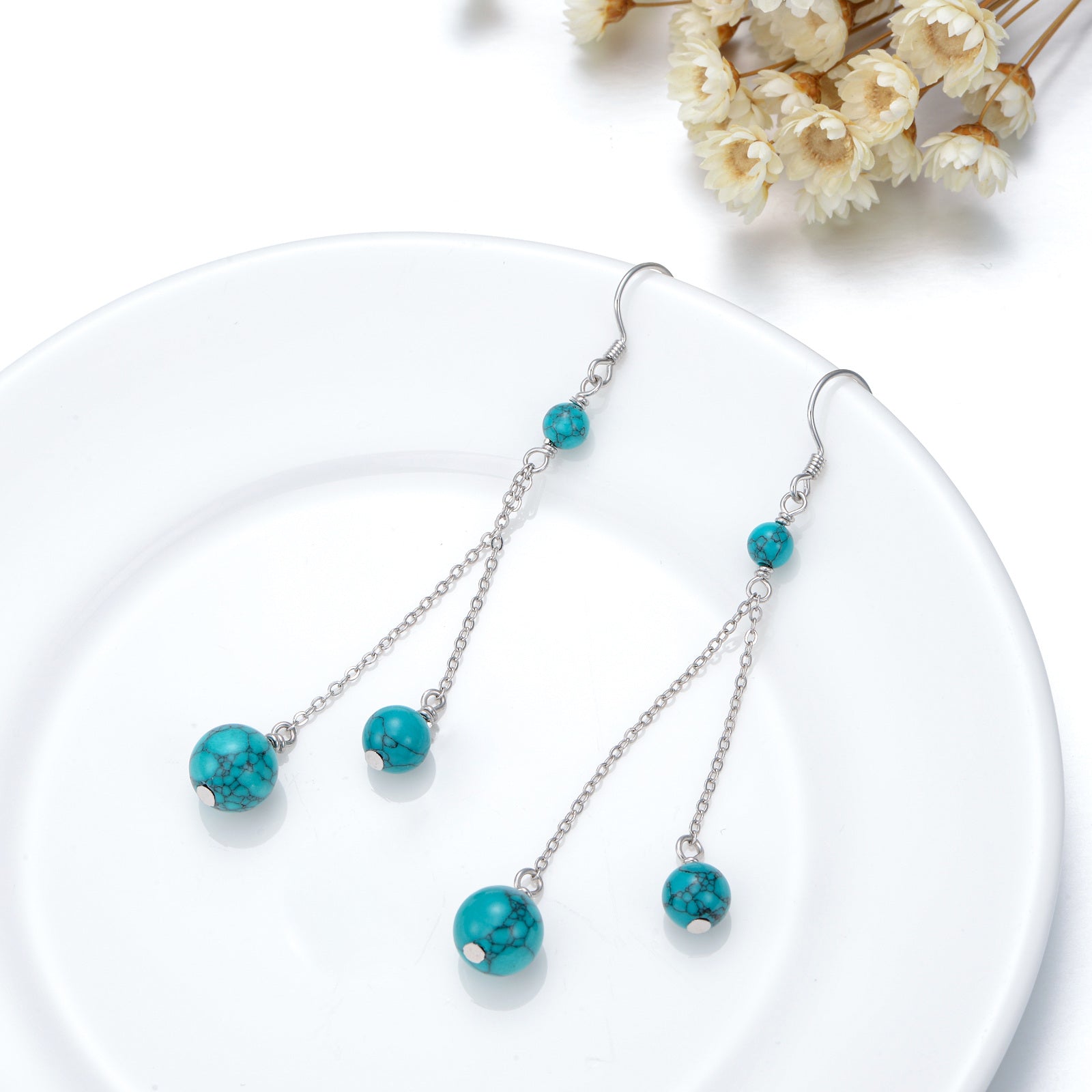 Sterling Silver Circular Shaped Turquoise Bead Drop Earrings