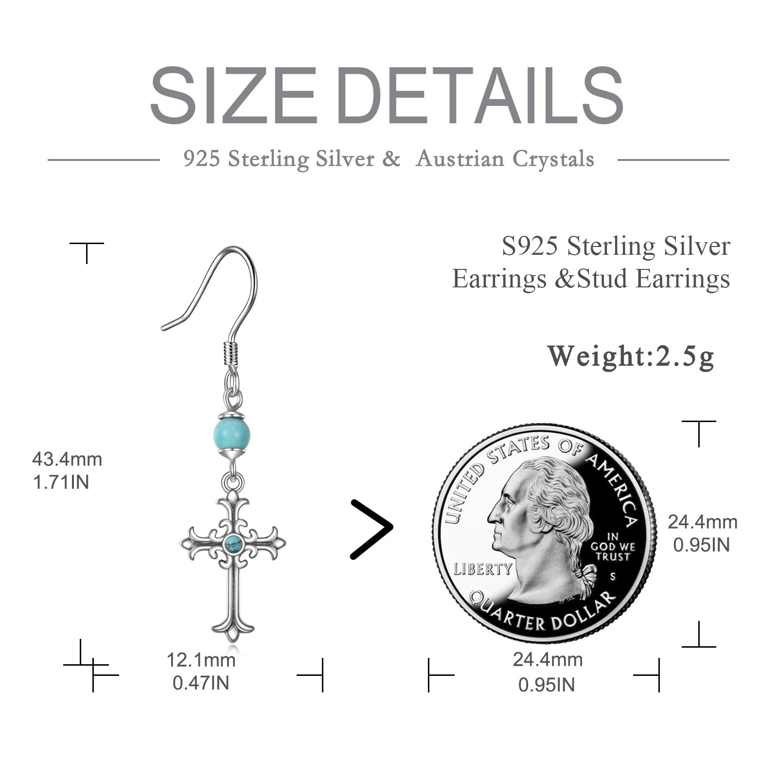 Sterling Silver Circular Shaped Turquoise Cross Drop Earrings