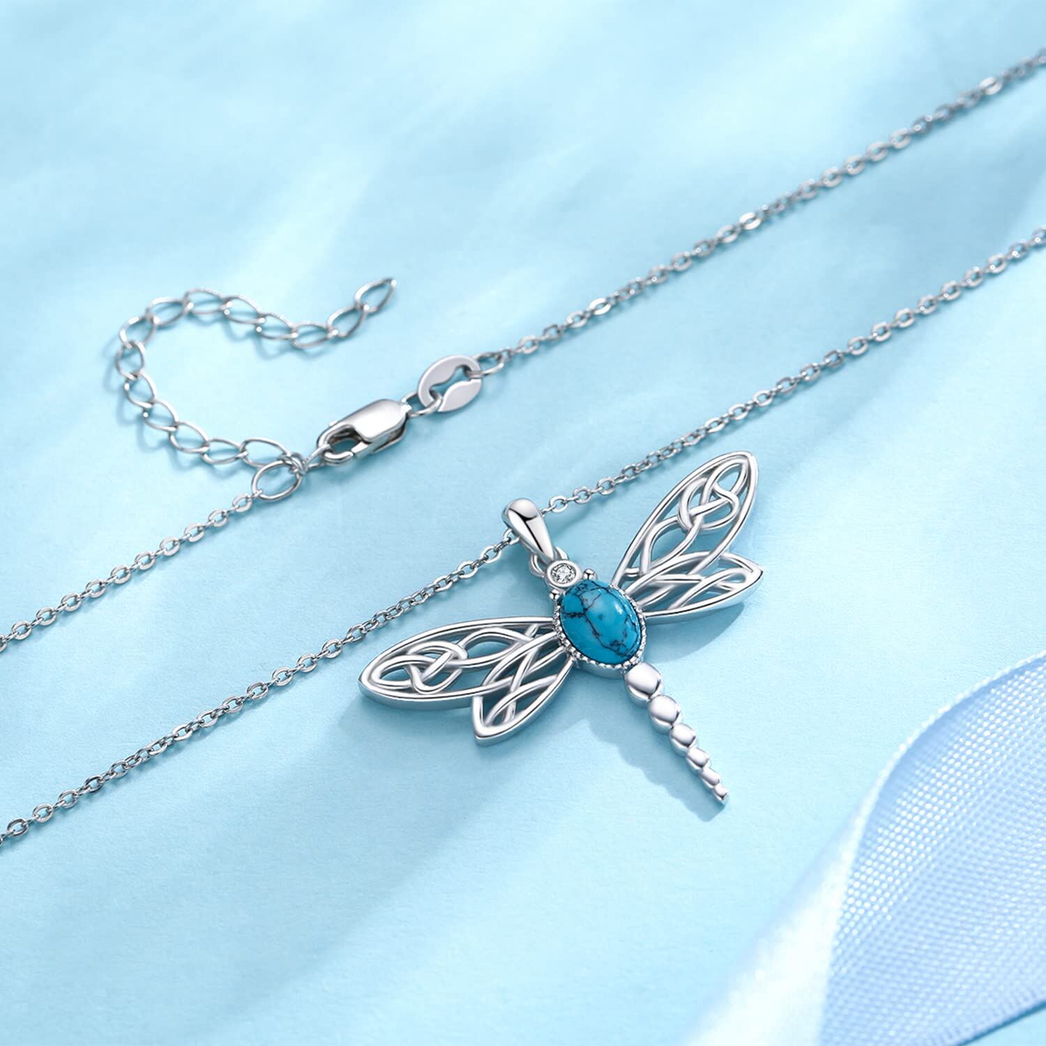 Sterling Silver Circular Shaped Cubic Zirconia & Turquoise Dragonfly Pendant Necklace