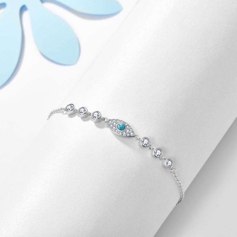 Sterling Silver Circular Shaped Turquoise Evil Eye Charm Bracelet