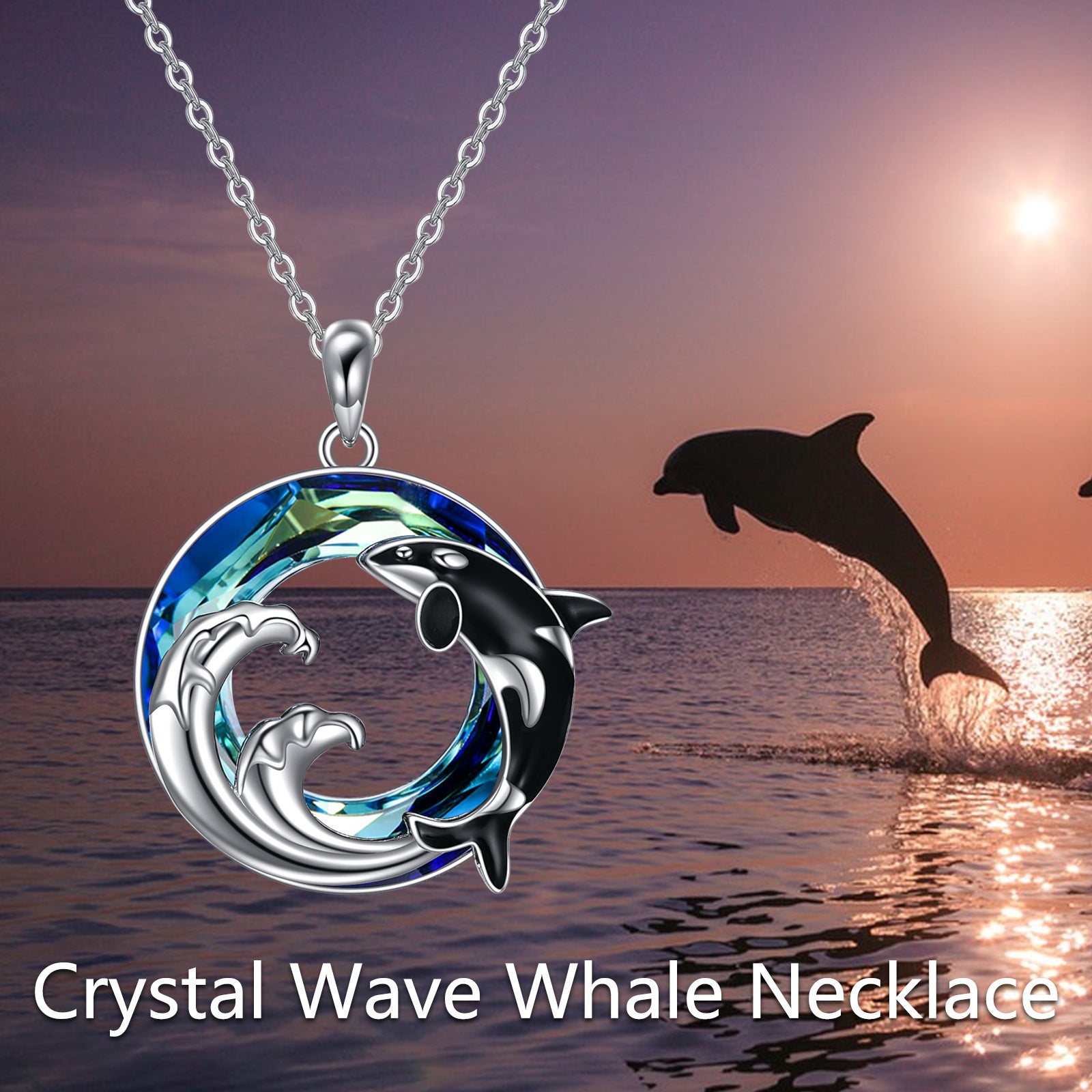 Sterling Silver Circular Shaped Whale & Spray Crystal Pendant Necklace