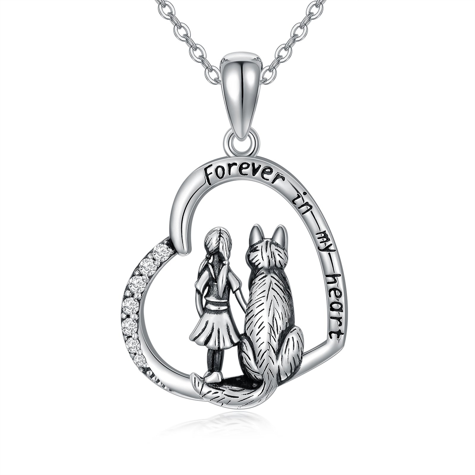 Sterling Silver Circular Shaped Cubic Zirconia Wolf & Heart Pendant Necklace with Engraved Word