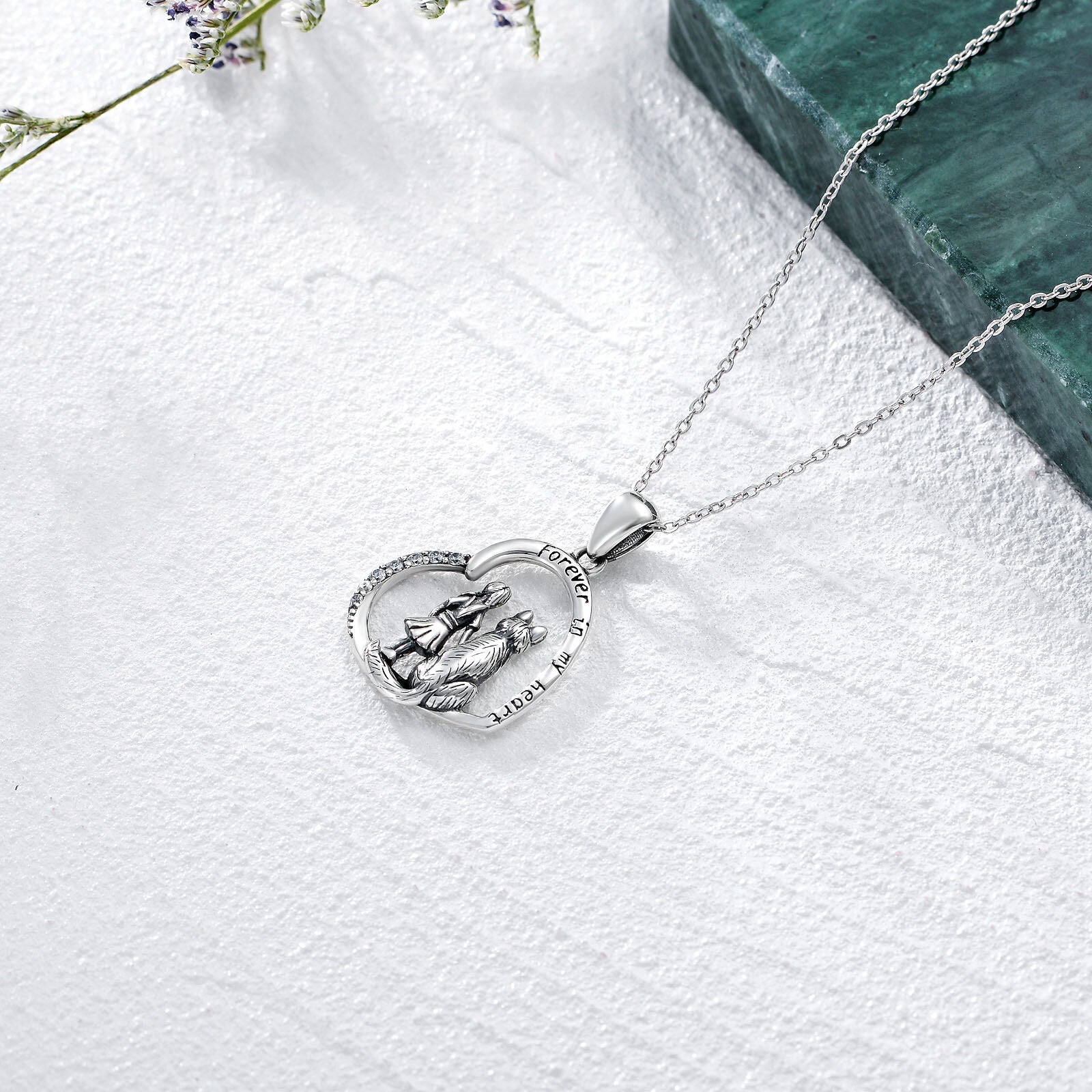 Sterling Silver Circular Shaped Cubic Zirconia Wolf & Heart Pendant Necklace with Engraved Word