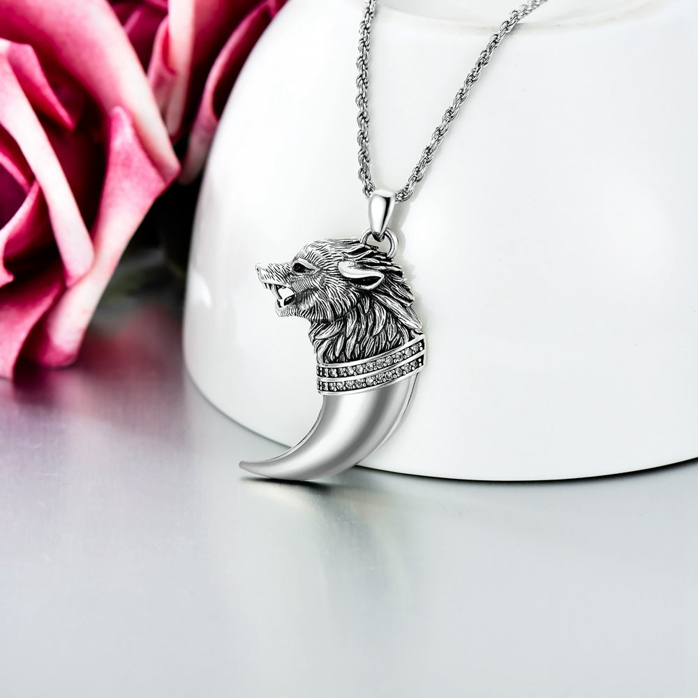 Sterling Silver Circular Shaped Cubic Zirconia Wolf Pendant Necklace