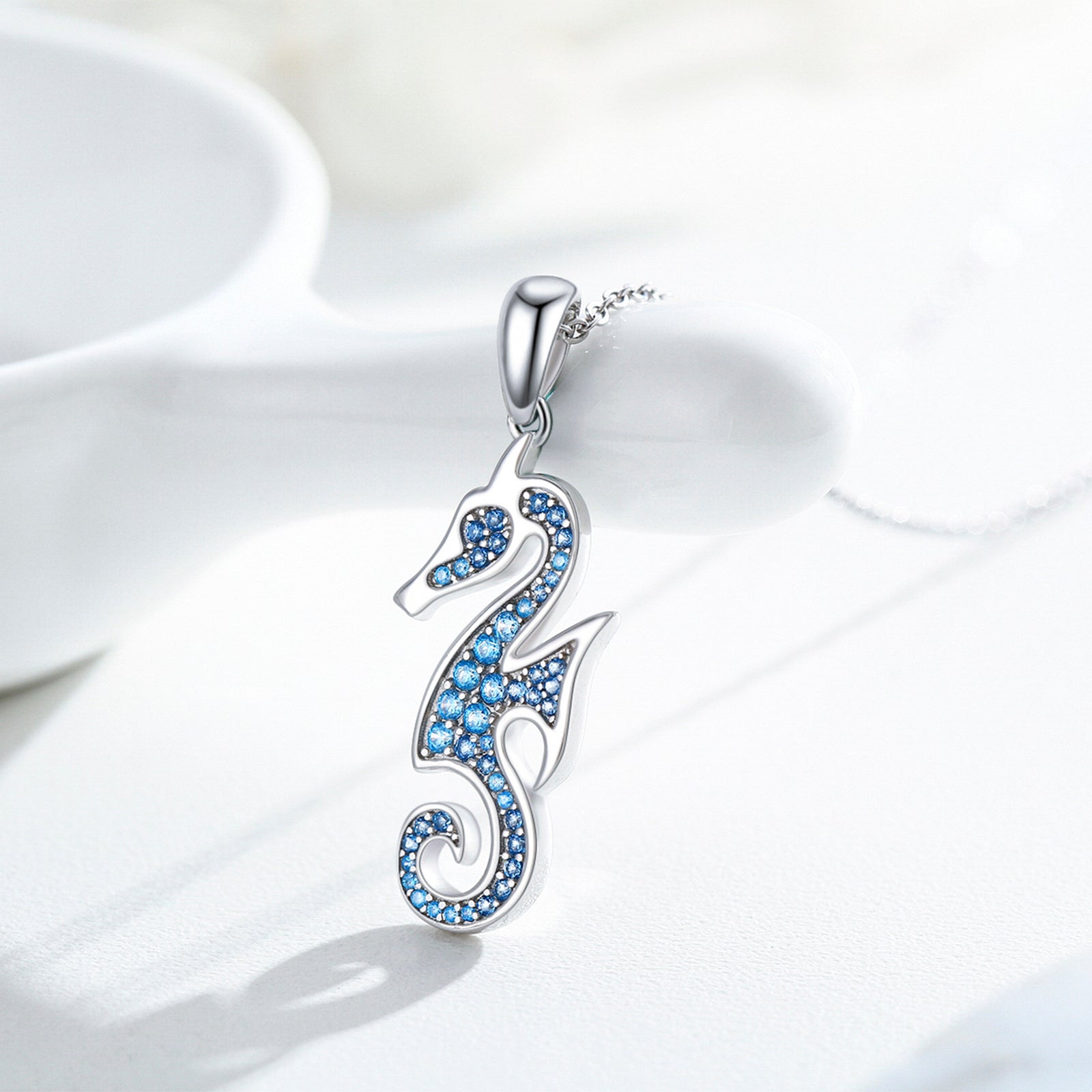 Sterling Silver Circular Shaped Zircon Seahorse Pendant Necklace