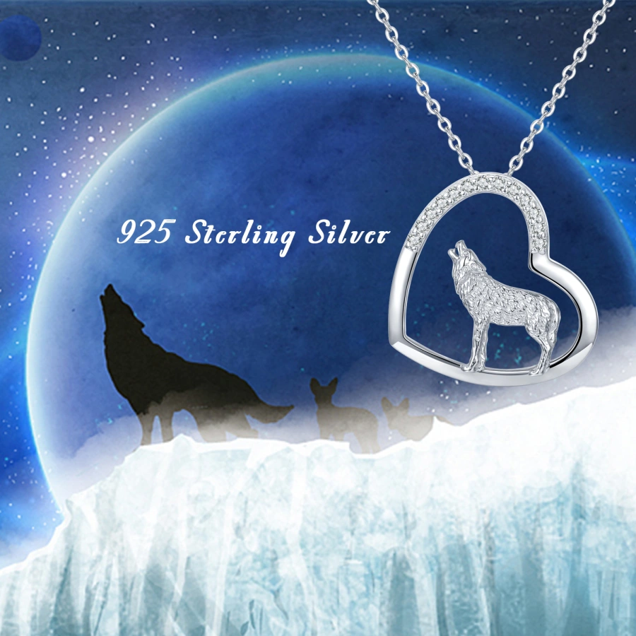 Sterling Silver Circular Cubic Zirconia Wolf & Heart Necklace for Women