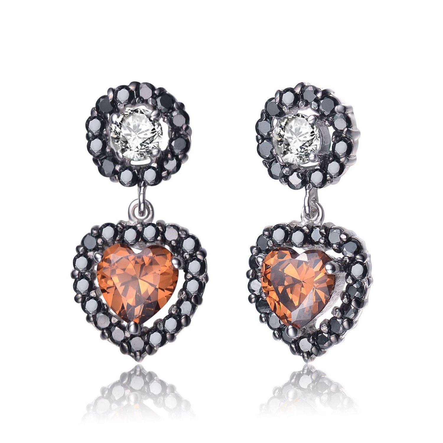 Sterling Silver Clear & Copper Cubic Zirconia Heart Drop Earrings