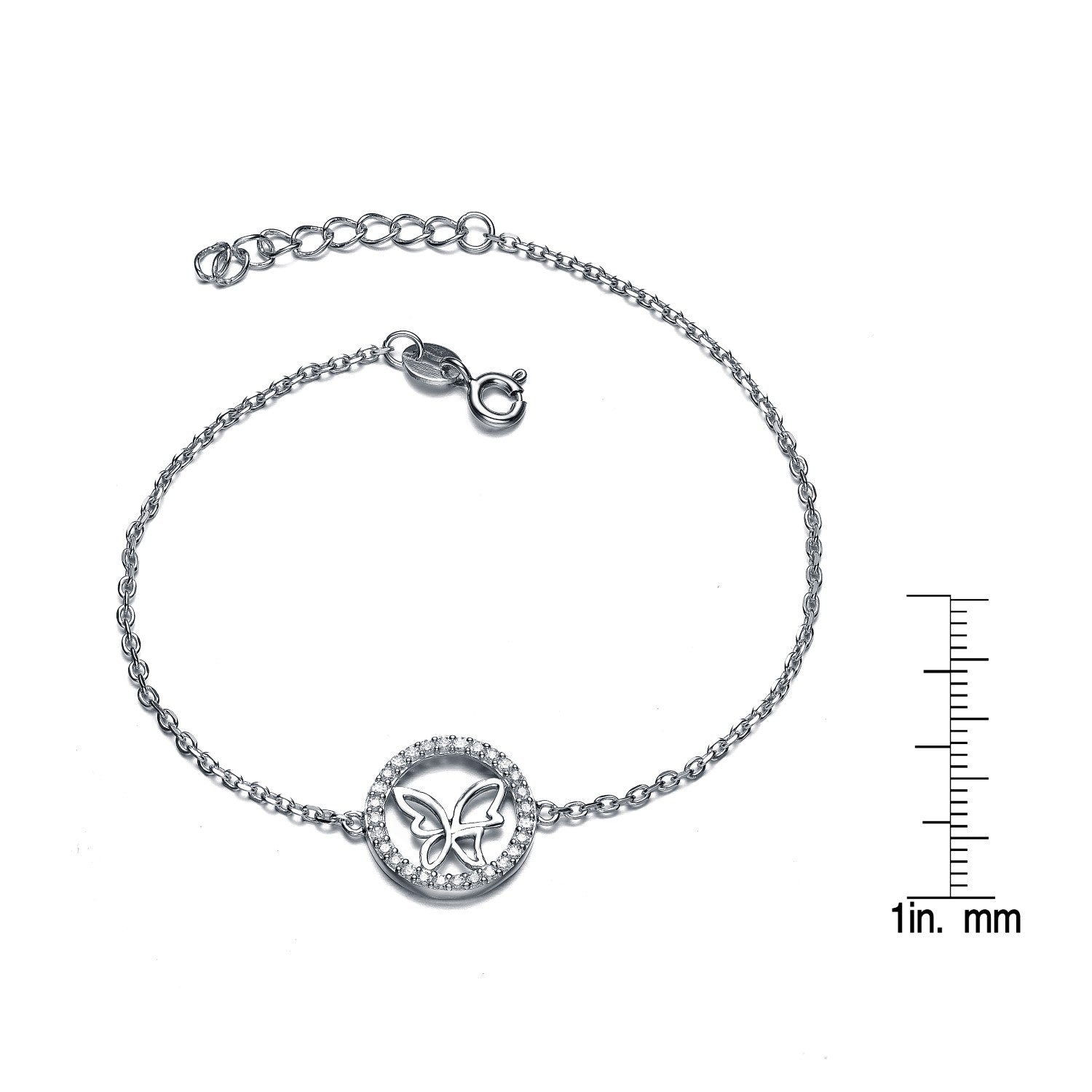 Sterling Silver White Gold Plated With Clear Cubic Zirconia Circle Frame Butterfly Bracelet
