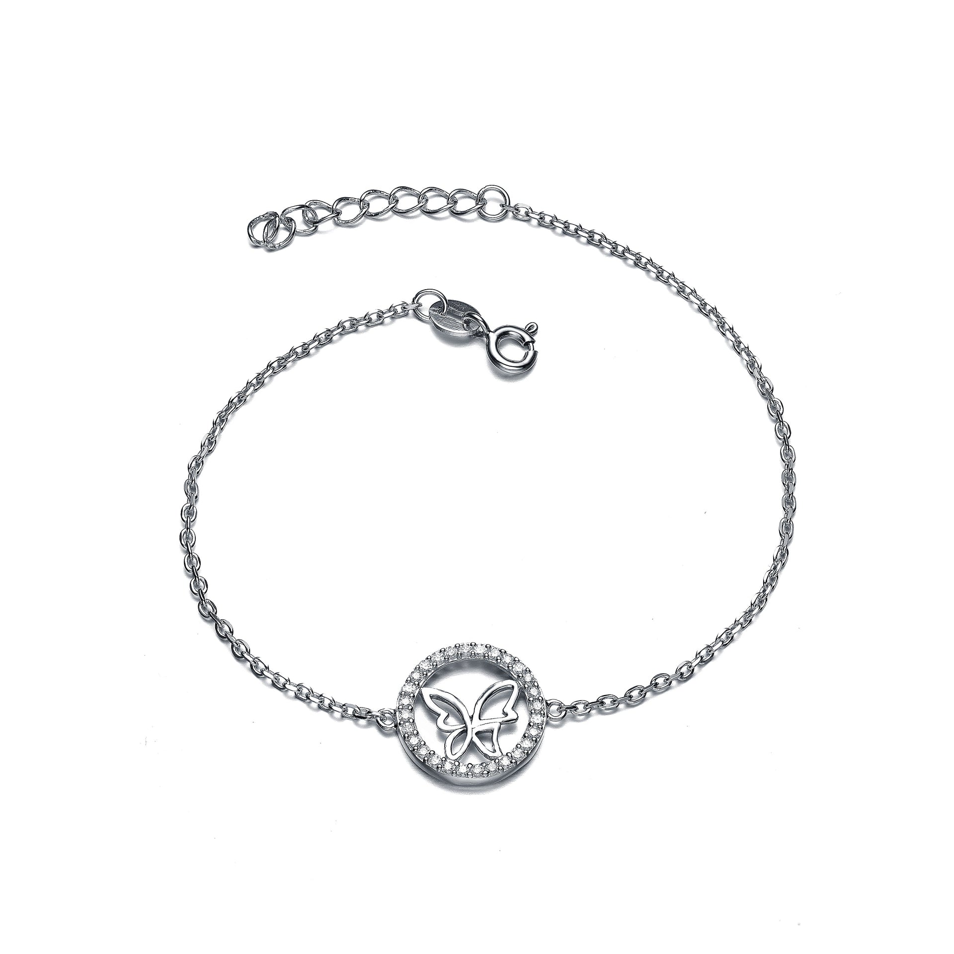 Sterling Silver White Gold Plated With Clear Cubic Zirconia Circle Frame Butterfly Bracelet