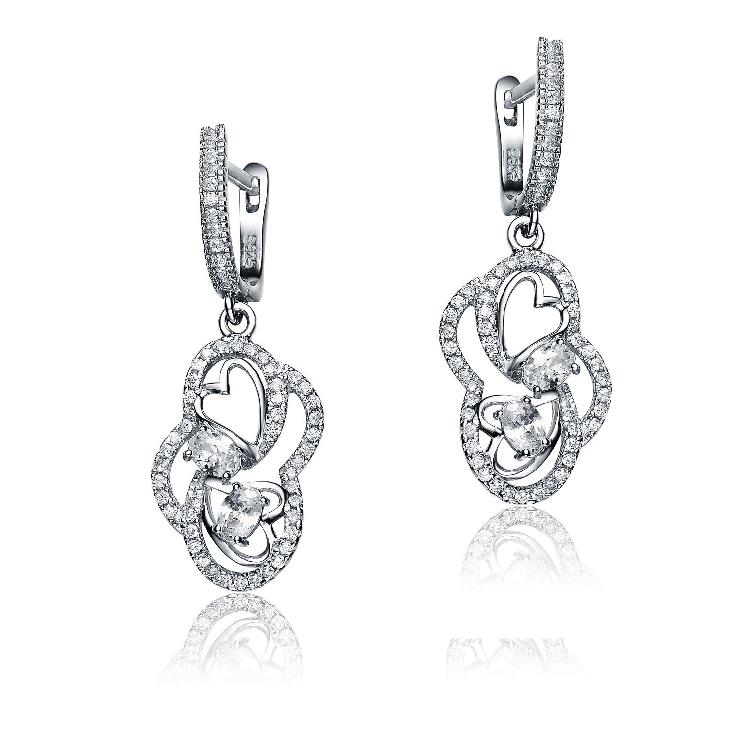 Sterling Silver White Gold Plated With Clear Cubic Zirconia Open Knot Earrings