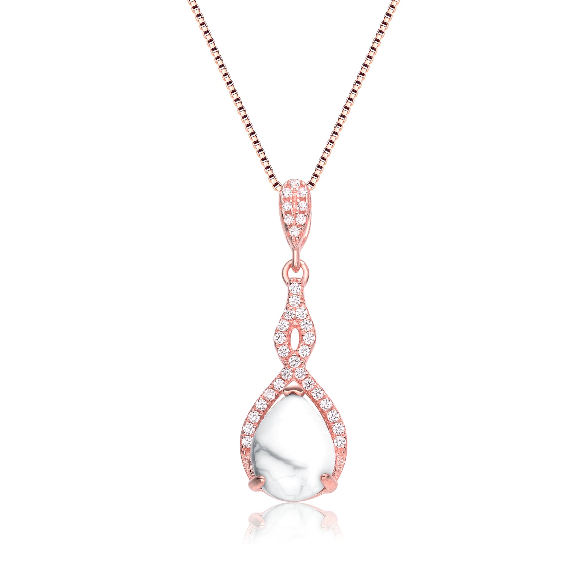 Sterling Silver Rose Gold Plated Clear Cubic Zirconia Pear Twist Pendant Necklace