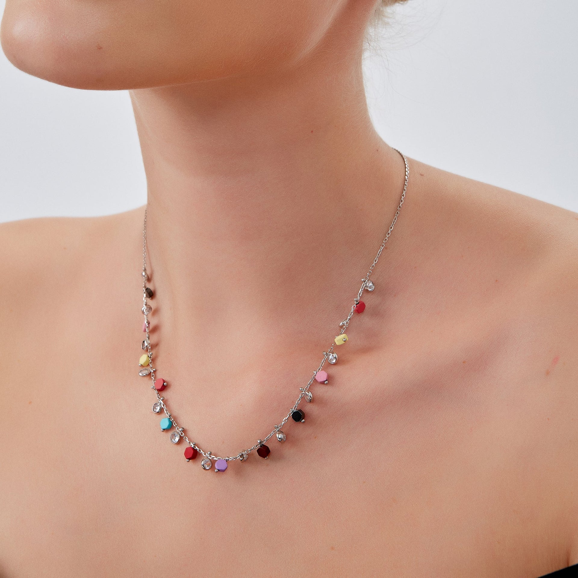 Sterling Silver Colorfull Rainbow Hexagon Sterling Silver Necklace