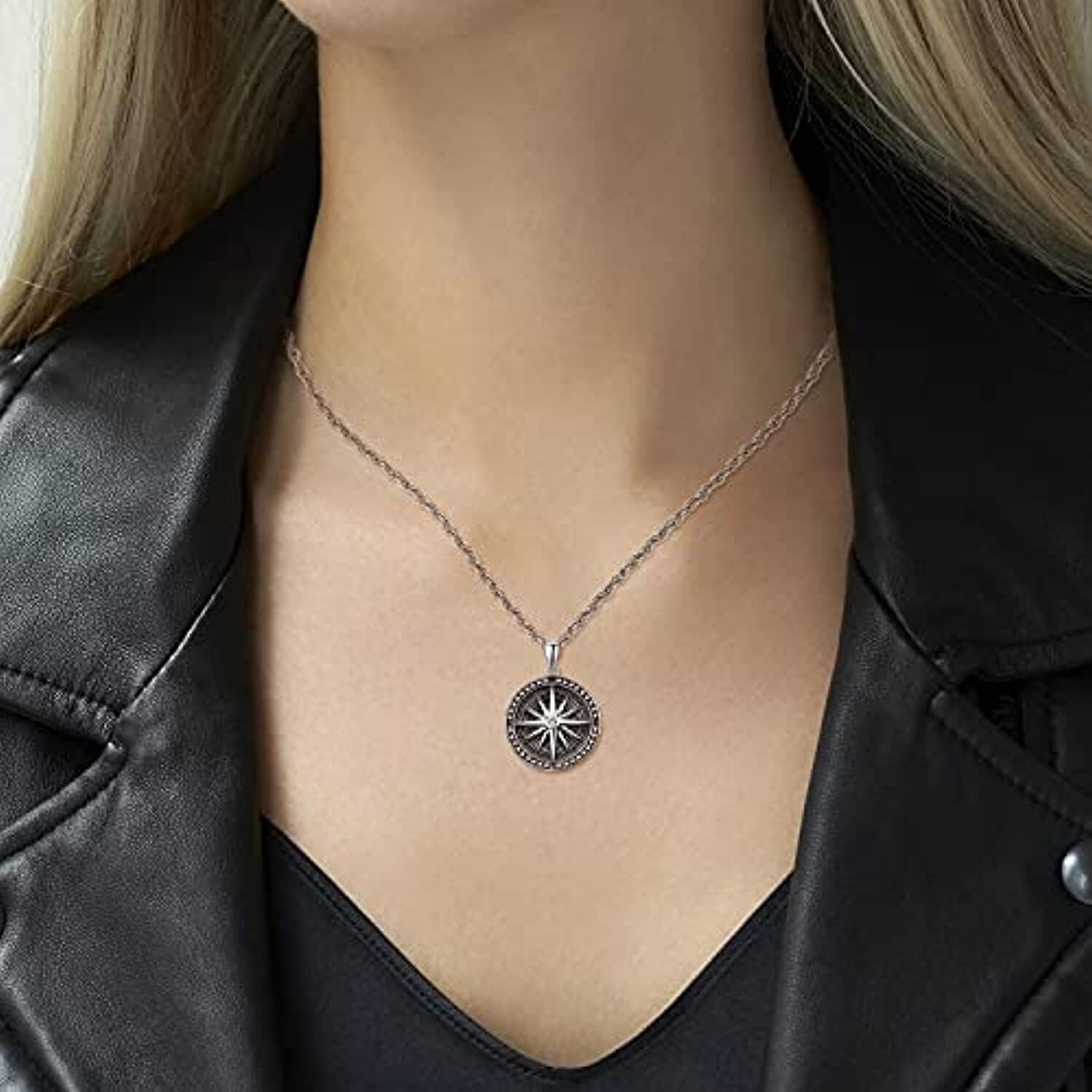 Sterling Silver Compass Pendant Necklace