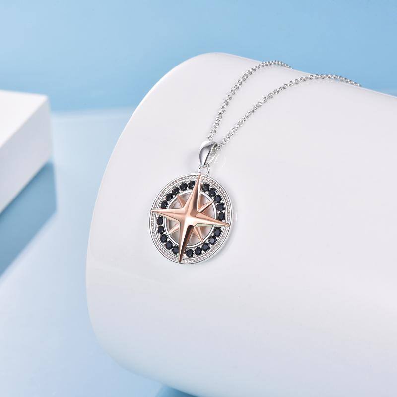 Sterling Silver Two-tone Compass Circle Necklace for Women