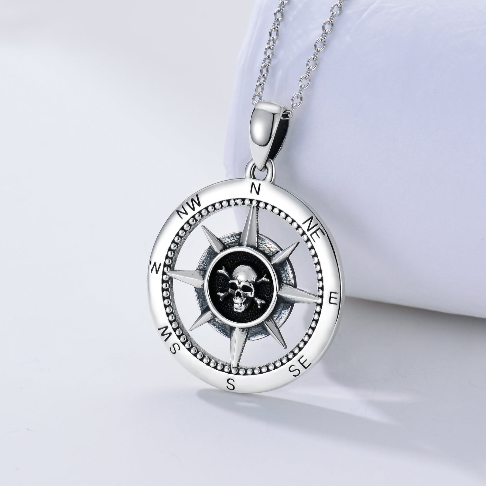 Sterling Silver Compass & Skull Pendant Necklace