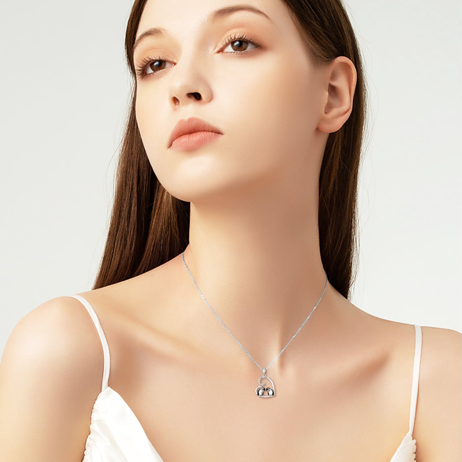 Sterling Silver Cubic Zirconia Couple Penguin & Heart Pendant Necklace