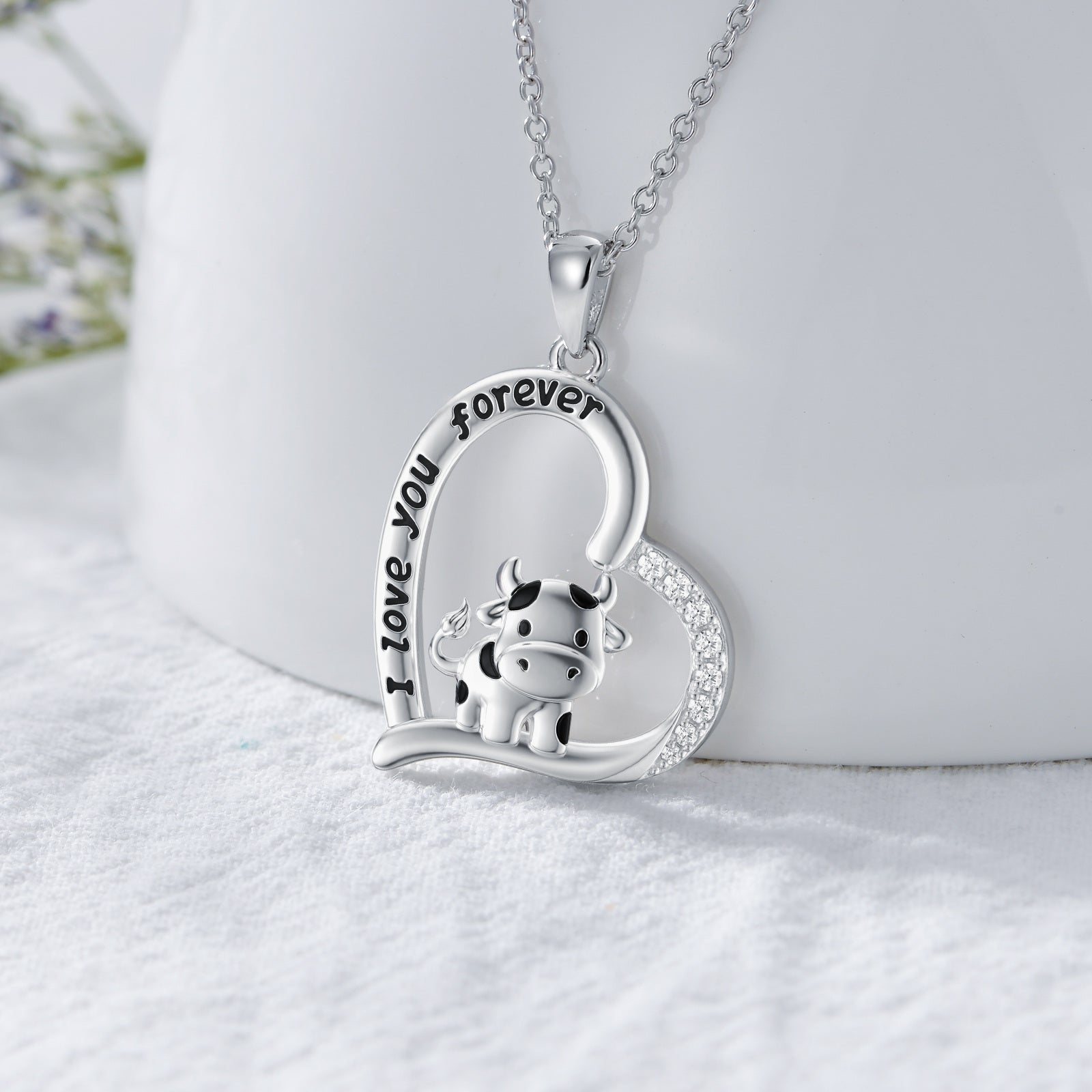Sterling Silver Cubic Zirconia Cow & Heart Pendant Necklace with Engraved Word