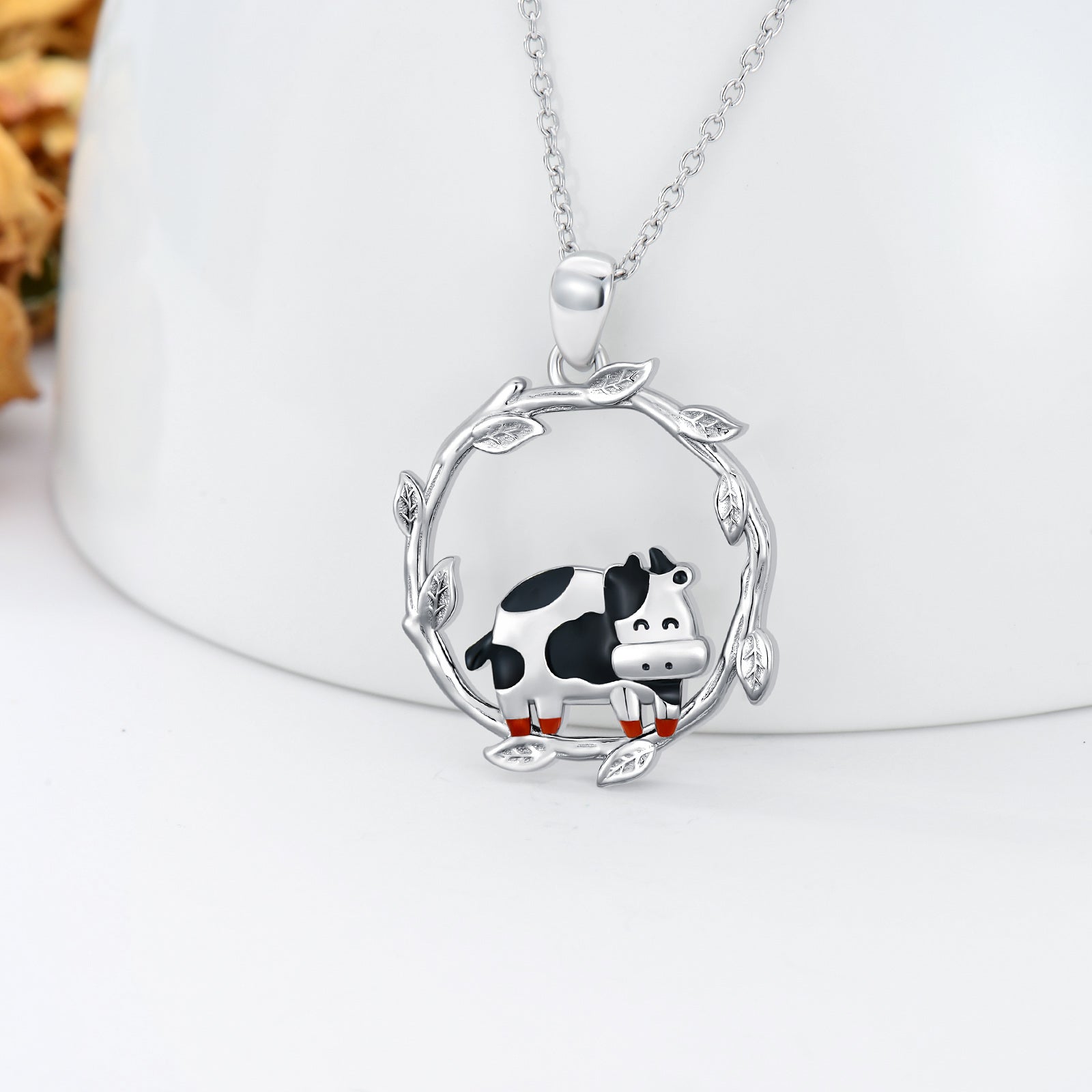 Sterling Silver Cow & Leaves Pendant Necklace