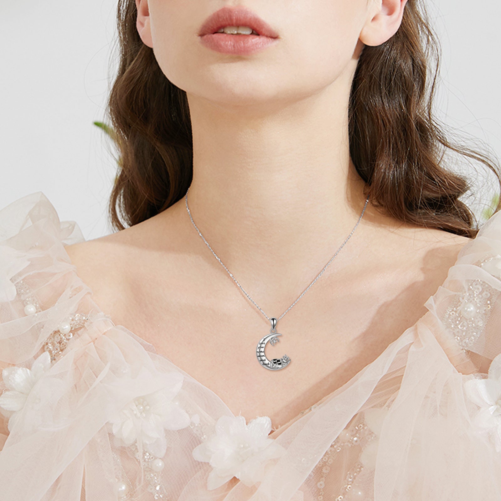 Sterling Silver Cubic Zirconia Cow & Moon Pendant Necklace