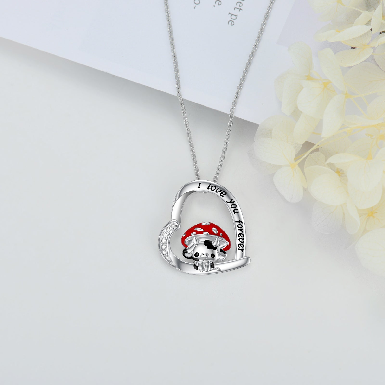 Sterling Silver Cow & Mushroom Pendant Necklace with Engraved Word