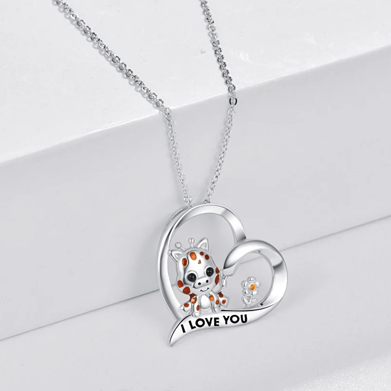 Sterling Silver Cow & Wildflowers Heart Pendant Necklace