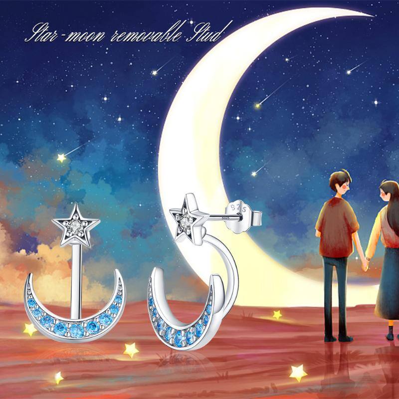 Sterling Silver Cubic Zirconia Moon & Stars Stud Earrings