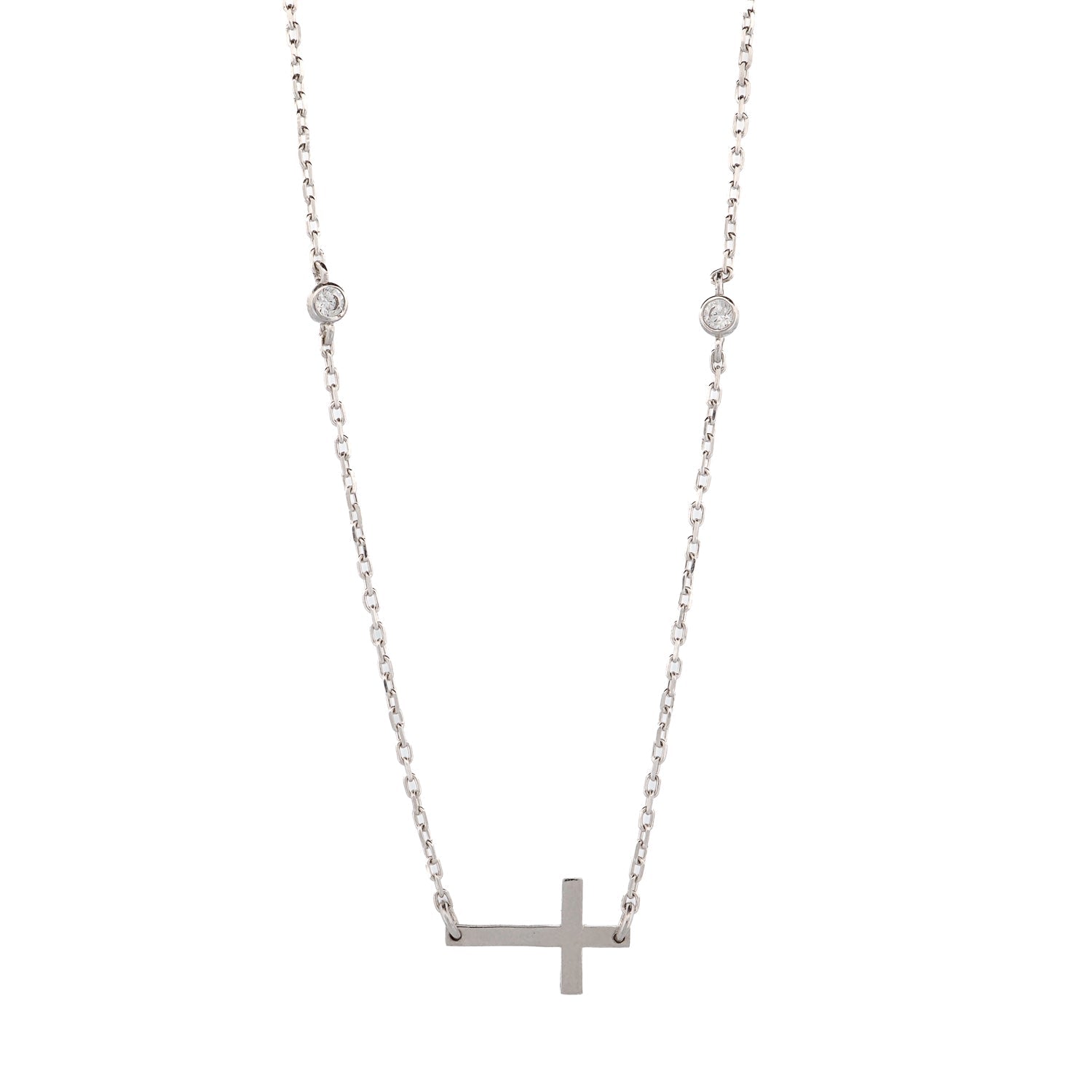 Sterling Silver Cross Charm & Diamond Chain Necklace - Silver