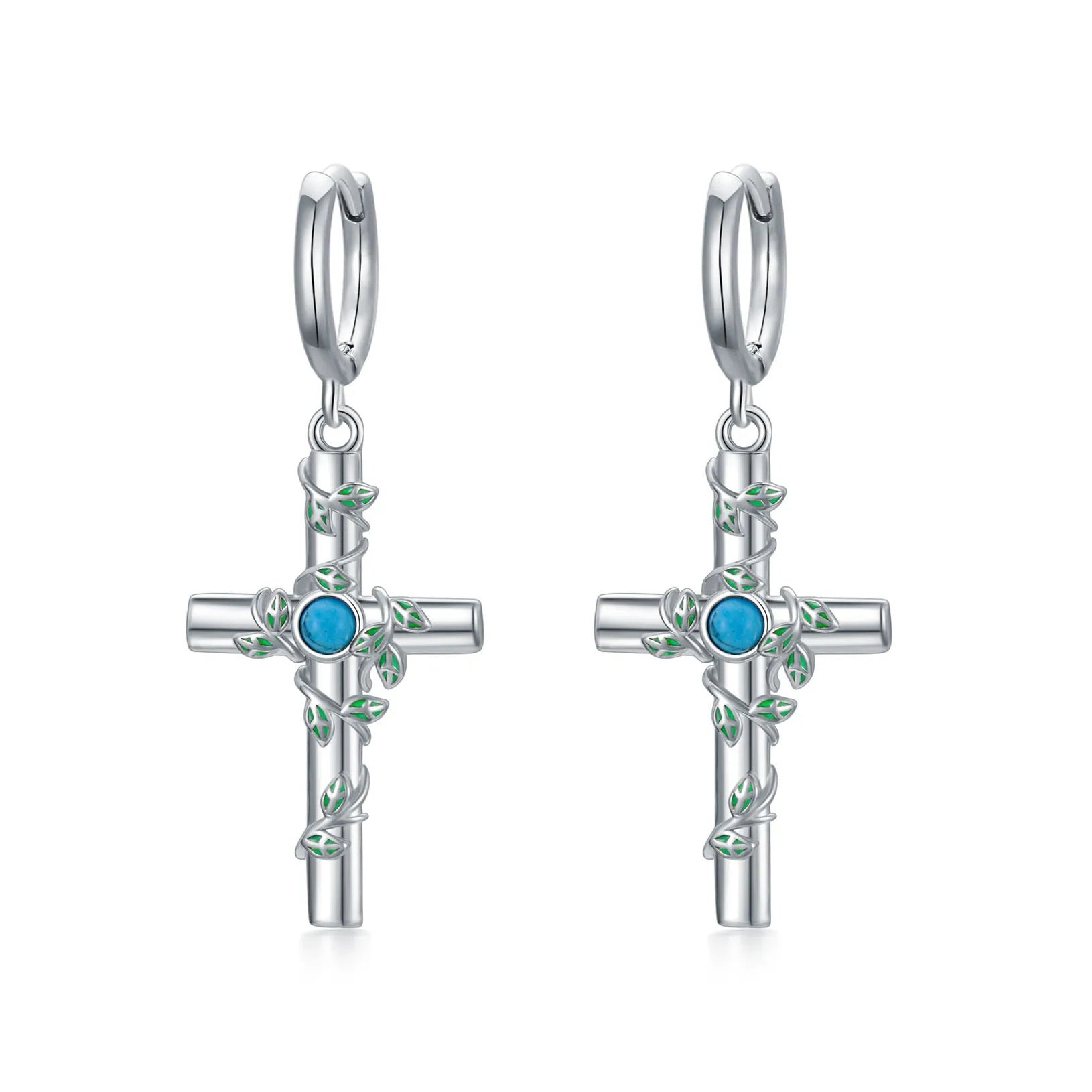 Sterling Silver Circle Turquoise Ivy & Cross Drop Earrings for Women