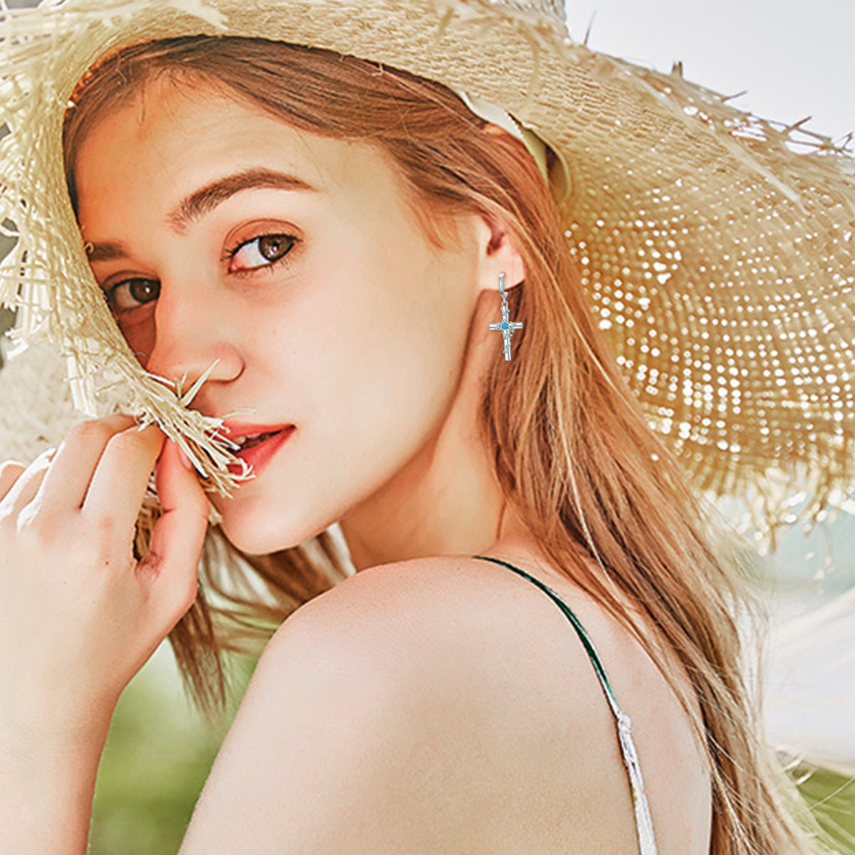 Sterling Silver Circle Turquoise Ivy & Cross Drop Earrings for Women