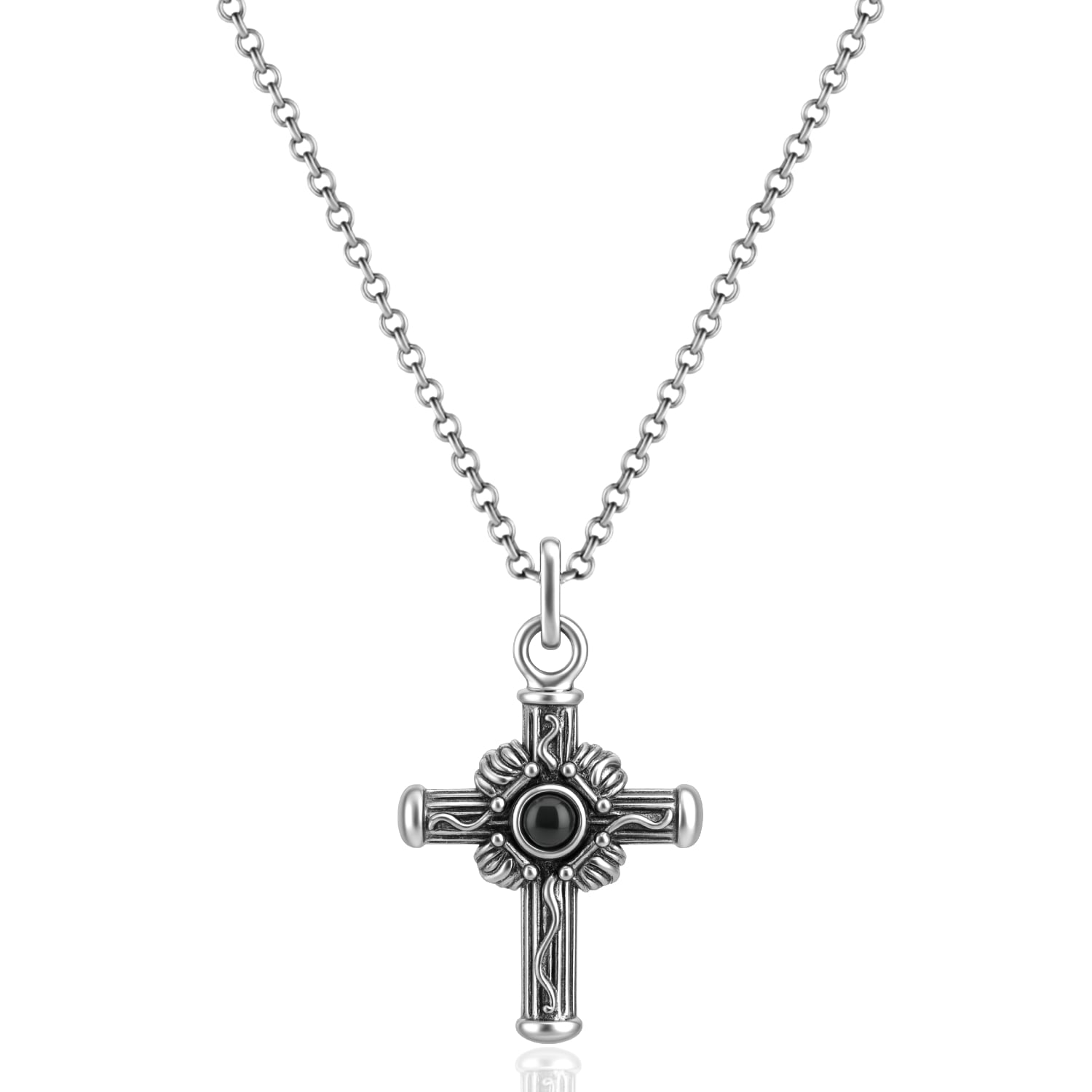 Sterling Silver Cross Necklace With Natural Black Onyk - Elegant Jewelry For Women