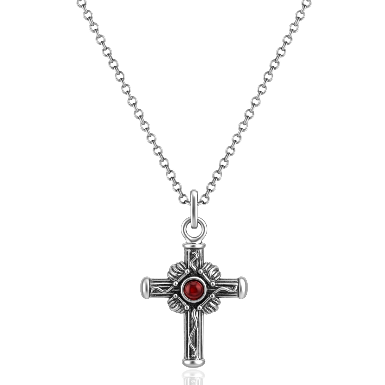 Sterling Silver Cross Necklace With Natural Garnet - Elegant Jewelry For Women