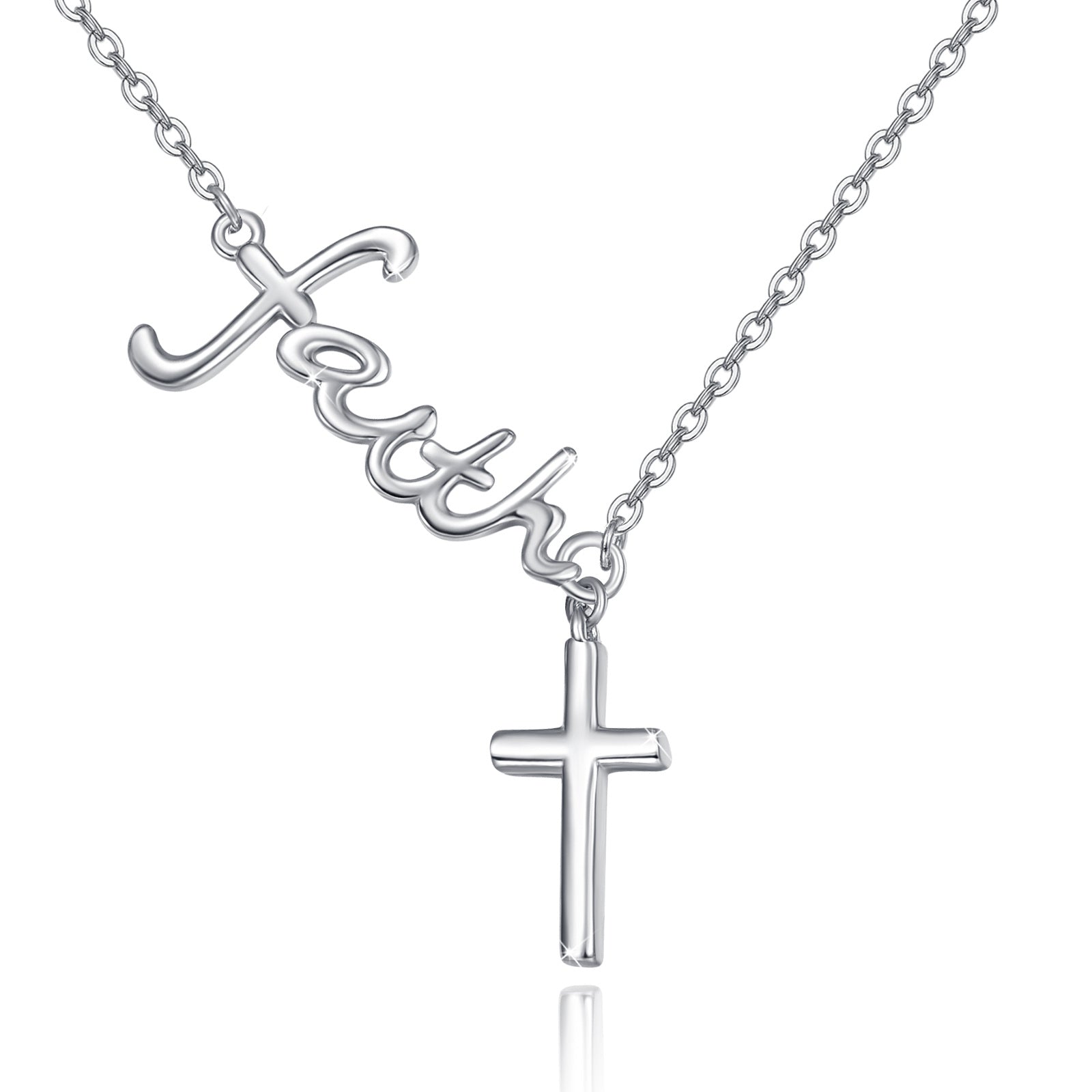 Sterling Silver Cross Non-adjustable Y-Necklace with Engraved Word