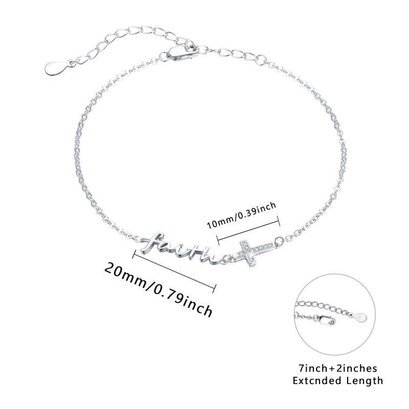 Sterling Silver Cubic Zirconia Cross Charm Bracelet with Engraved Word