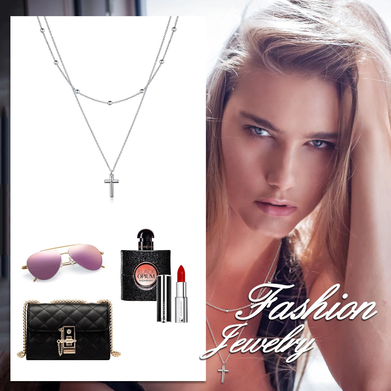 Sterling Silver Cross Pendant Double Layered Necklace with Bead Station Chain