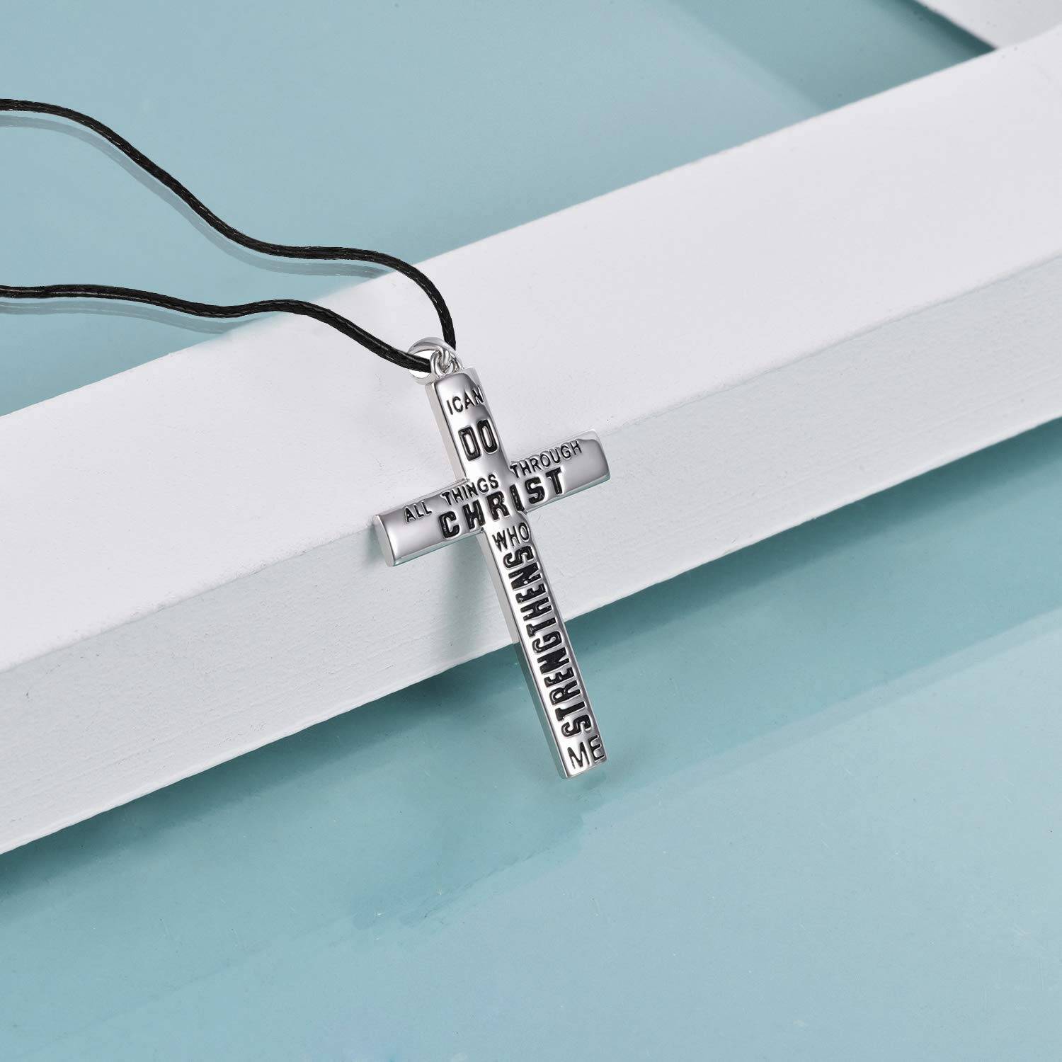 Sterling Silver Cross Pendant Necklace with Engraved Word