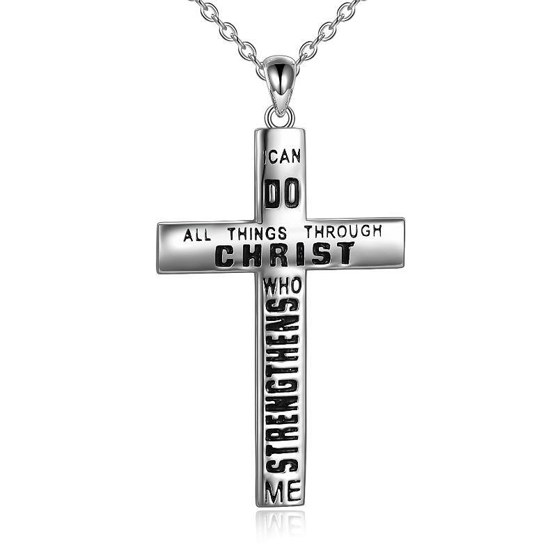 Sterling Silver Cross Pendant Necklace with Engraved Word
